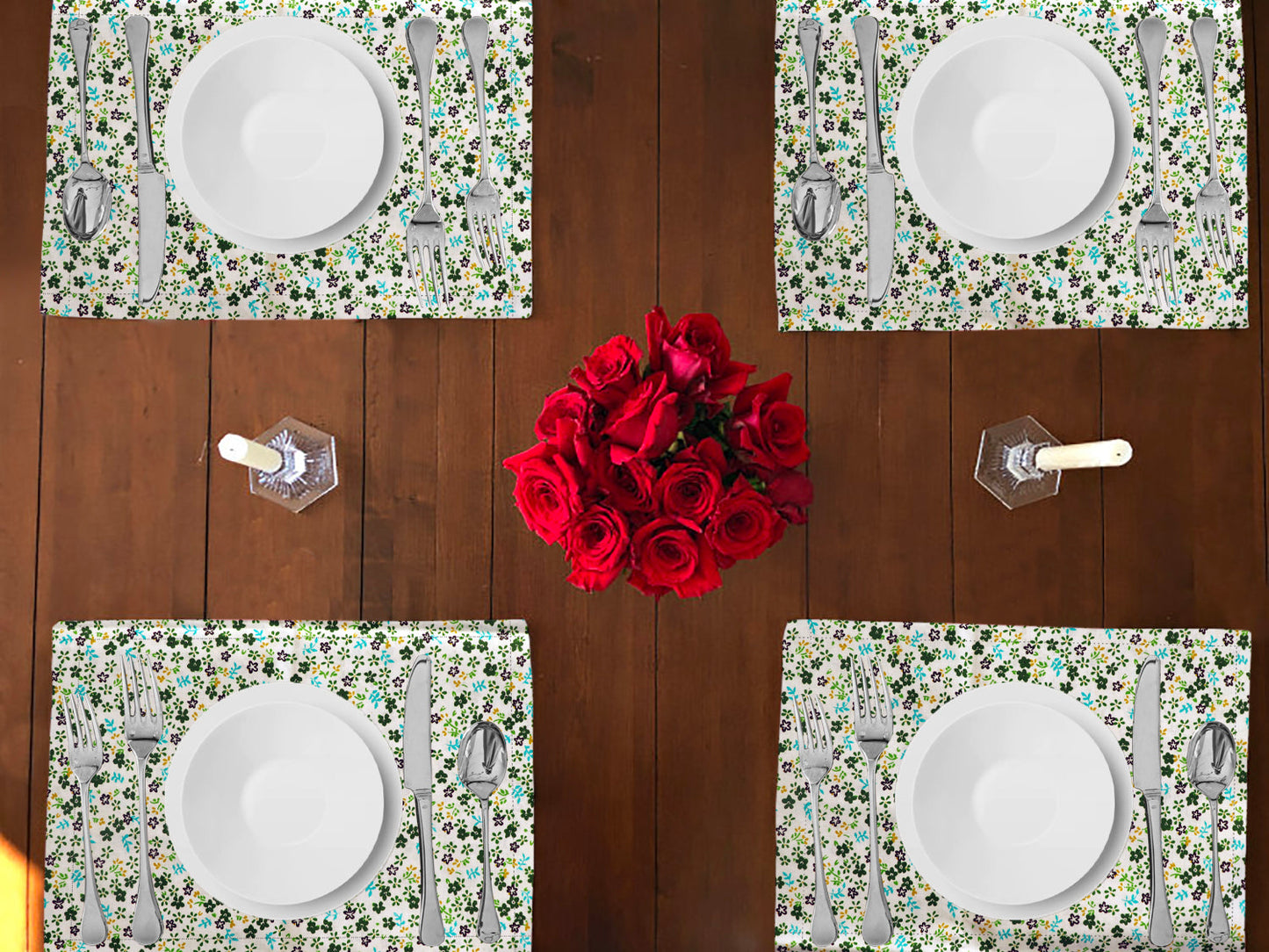 Small Flowers Allover Print Cotton Dinner Table Placemats Holiday Home Decoration 13" x 19" (Pack of 4)