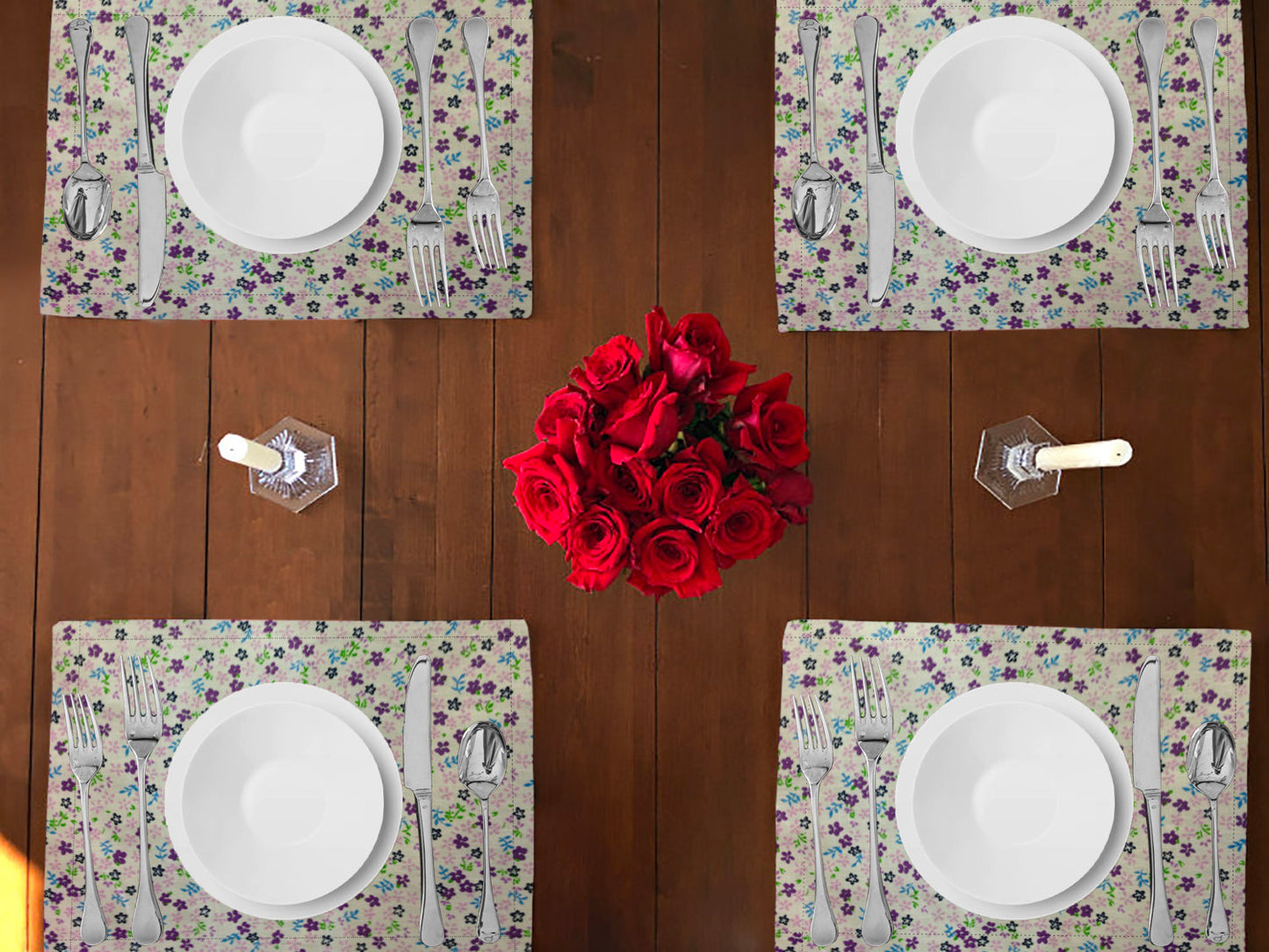 Small Flowers Allover Print Cotton Dinner Table Placemats Holiday Home Decoration 13" x 19" (Pack of 4)