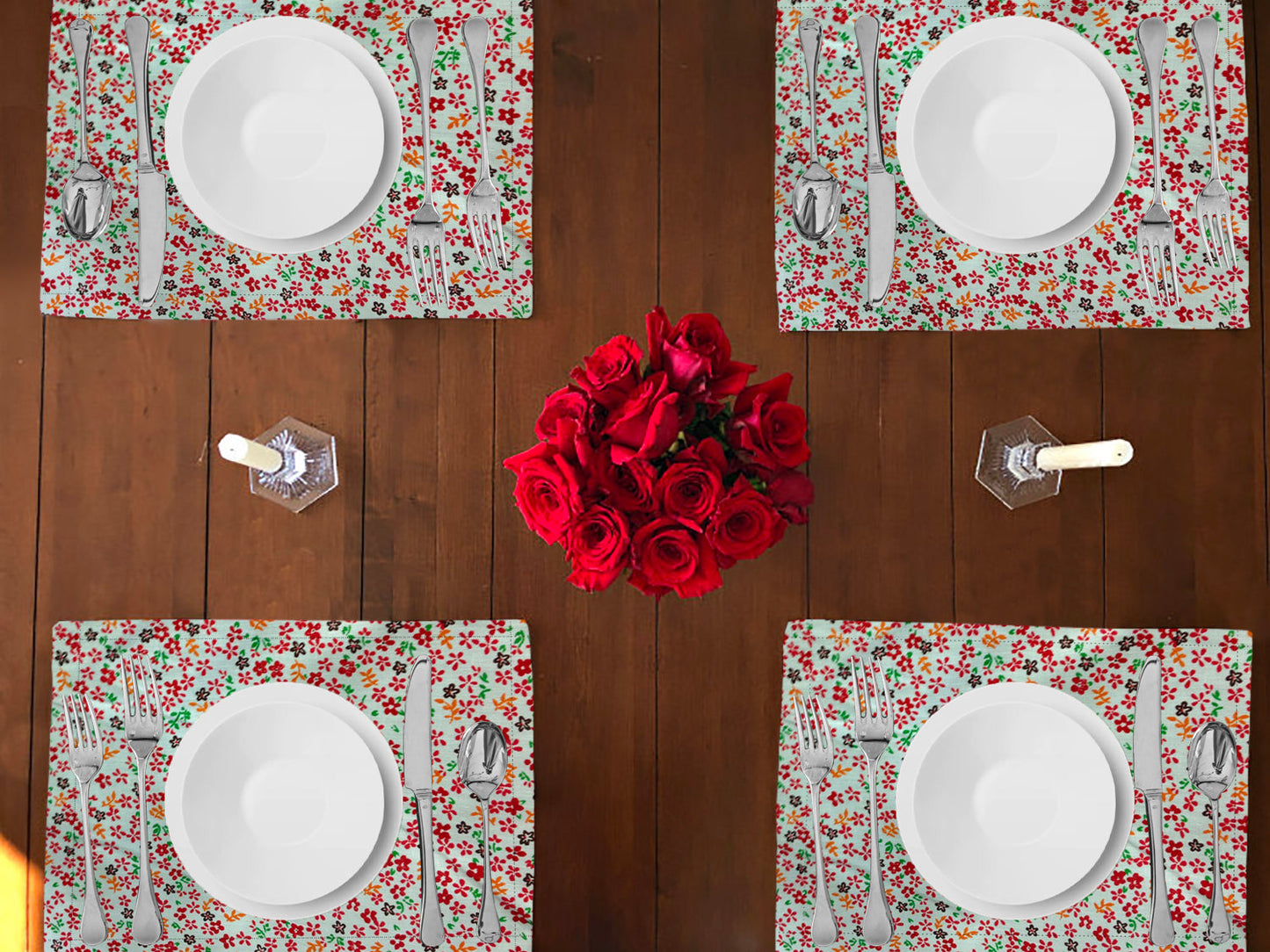 Small Flowers Allover Print Cotton Dinner Table Placemats Holiday Home Decoration 13" x 19" (Pack of 4)