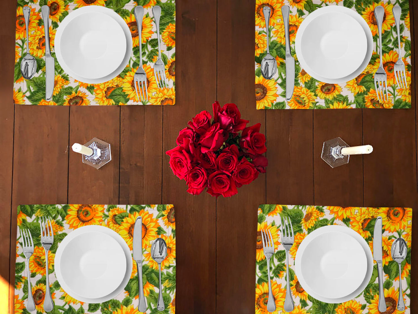 Sunflowers Print Cotton Dinner Table Placemats Holiday Home Decoration 13" x 19" (Pack of 4)
