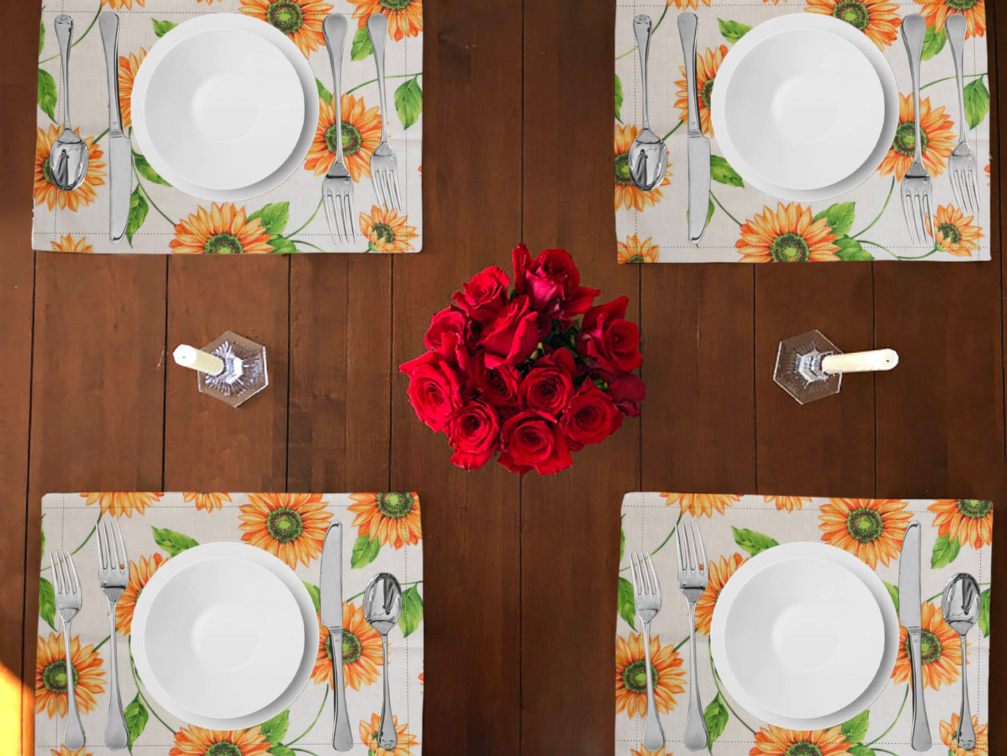 Sunflowers Print Cotton Dinner Table Placemats Holiday Home Decoration 13" x 19" (Pack of 4)