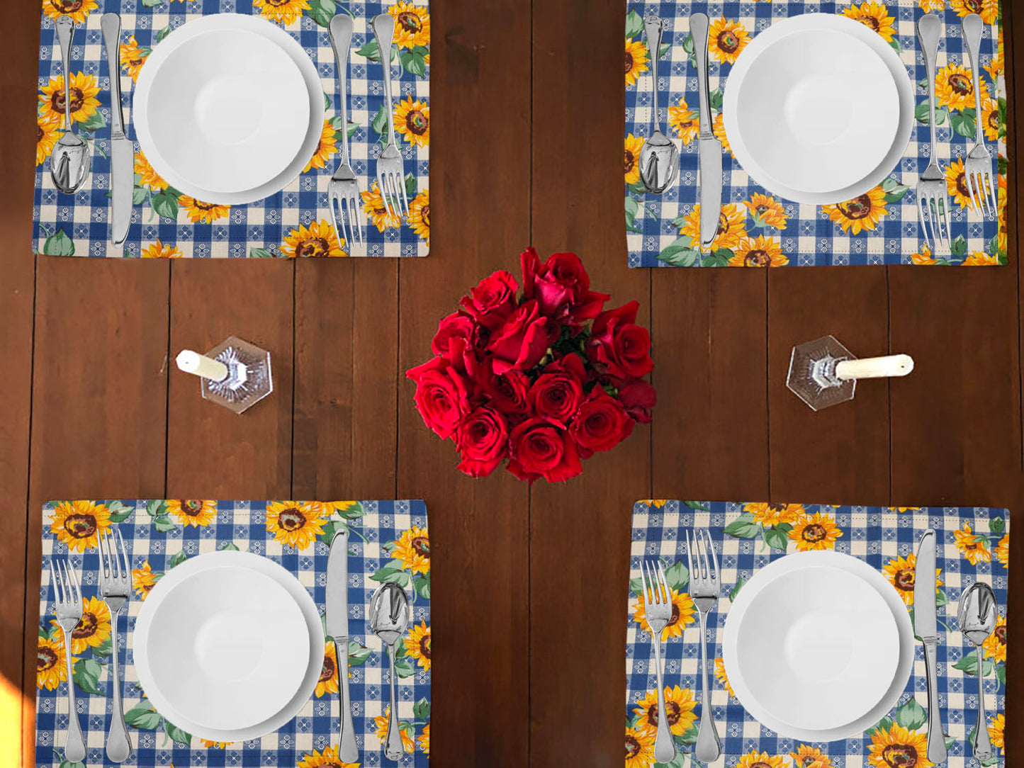 Sunflowers Print Cotton Dinner Table Placemats Holiday Home Decoration 13" x 19" (Pack of 4)
