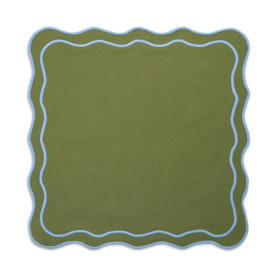 Square Green Linen Placemat with Light Blue Trim