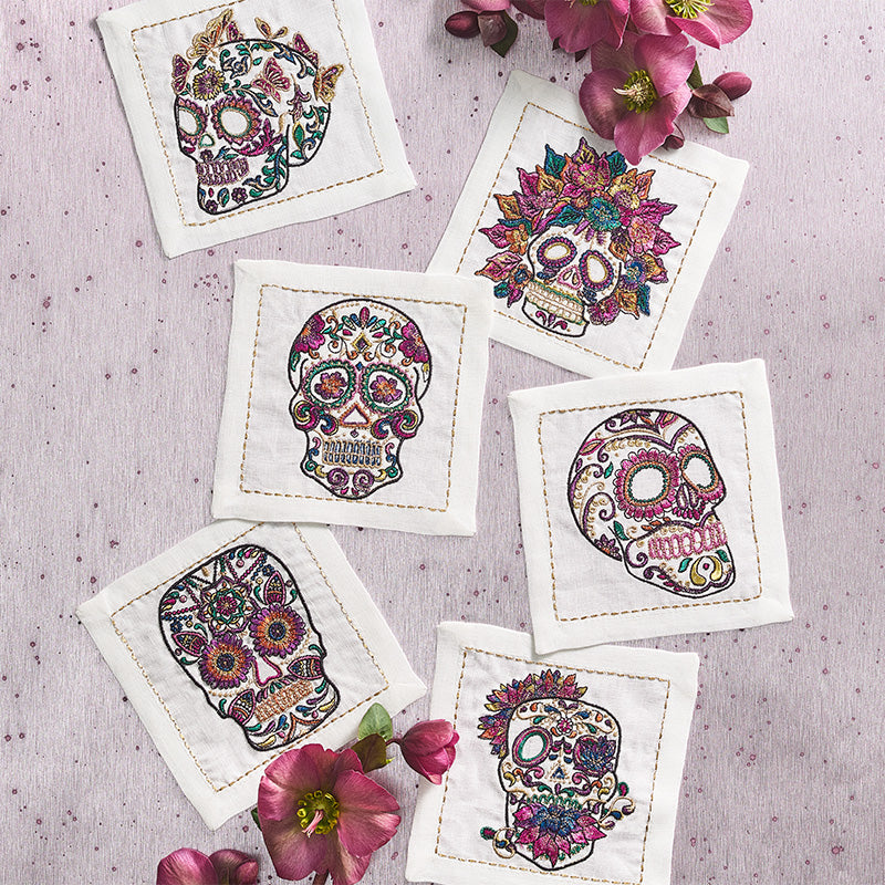 Day of the Dead Linen Cocktail Napkins, Set of 6 by Kim Seybert CLEARANCE