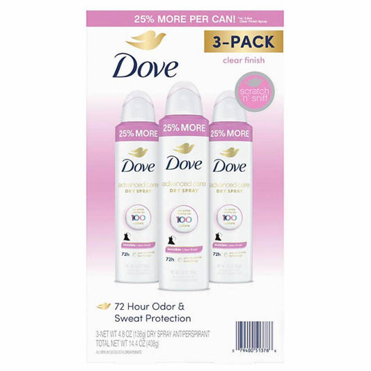 Dove - Advanced Care Clear Finish Antiperspirant Spray - 4.8 Oz - 3 Pack
