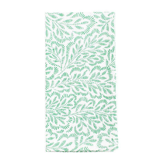 Block Print Leaves Cotton Dinner Napkins in Green & White - Set of 4
