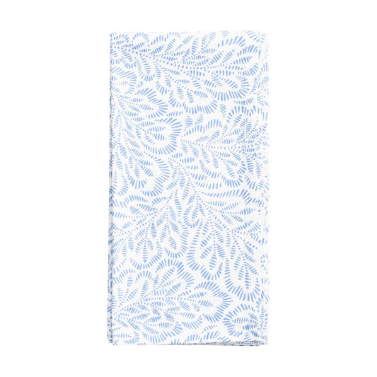 Block Print Leaves Cotton Dinner Napkins in White & Blue - Set of 4