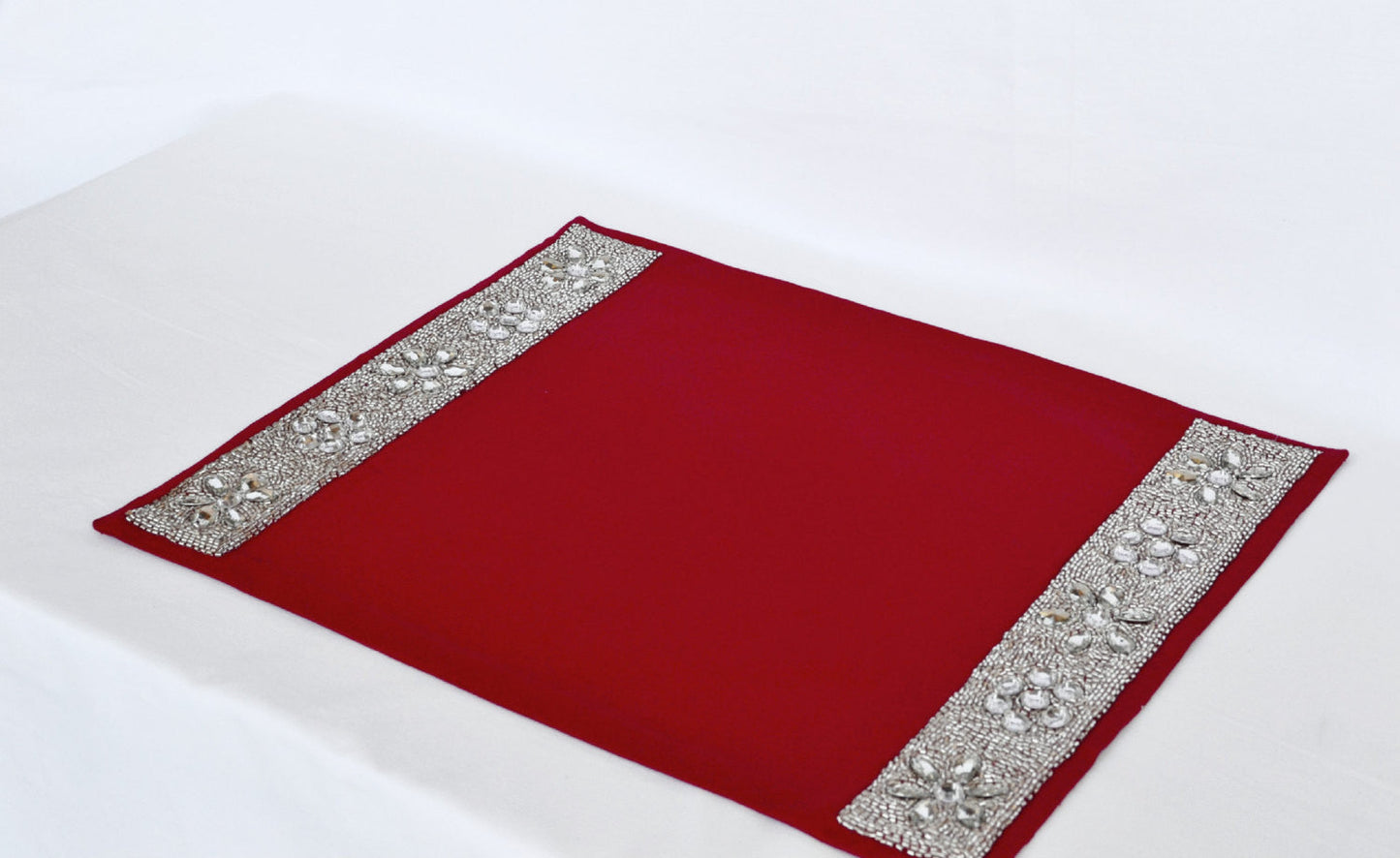 Set of 4 Red place mats with diamond glaze -Placemats with crystal and beads - Christmas dining room- Housewarming Wedding Anniversary Gifts