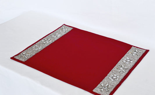 Set of 4 Red place mats with diamond glaze -Placemats with crystal and beads - Christmas dining room- Housewarming Wedding Anniversary Gifts