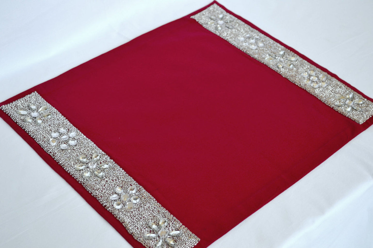 Set of 4 Red place mats with diamond glaze -Placemats with crystal and beads - Christmas dining room- Housewarming Wedding Anniversary Gifts